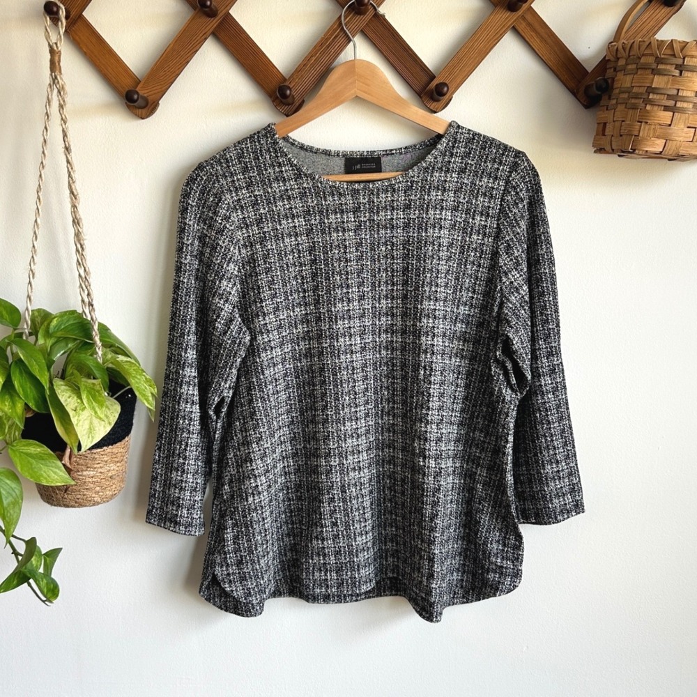 J. Jill Wearever Black White Tweed Knit 3/4 Sleeve Top Medium Petite